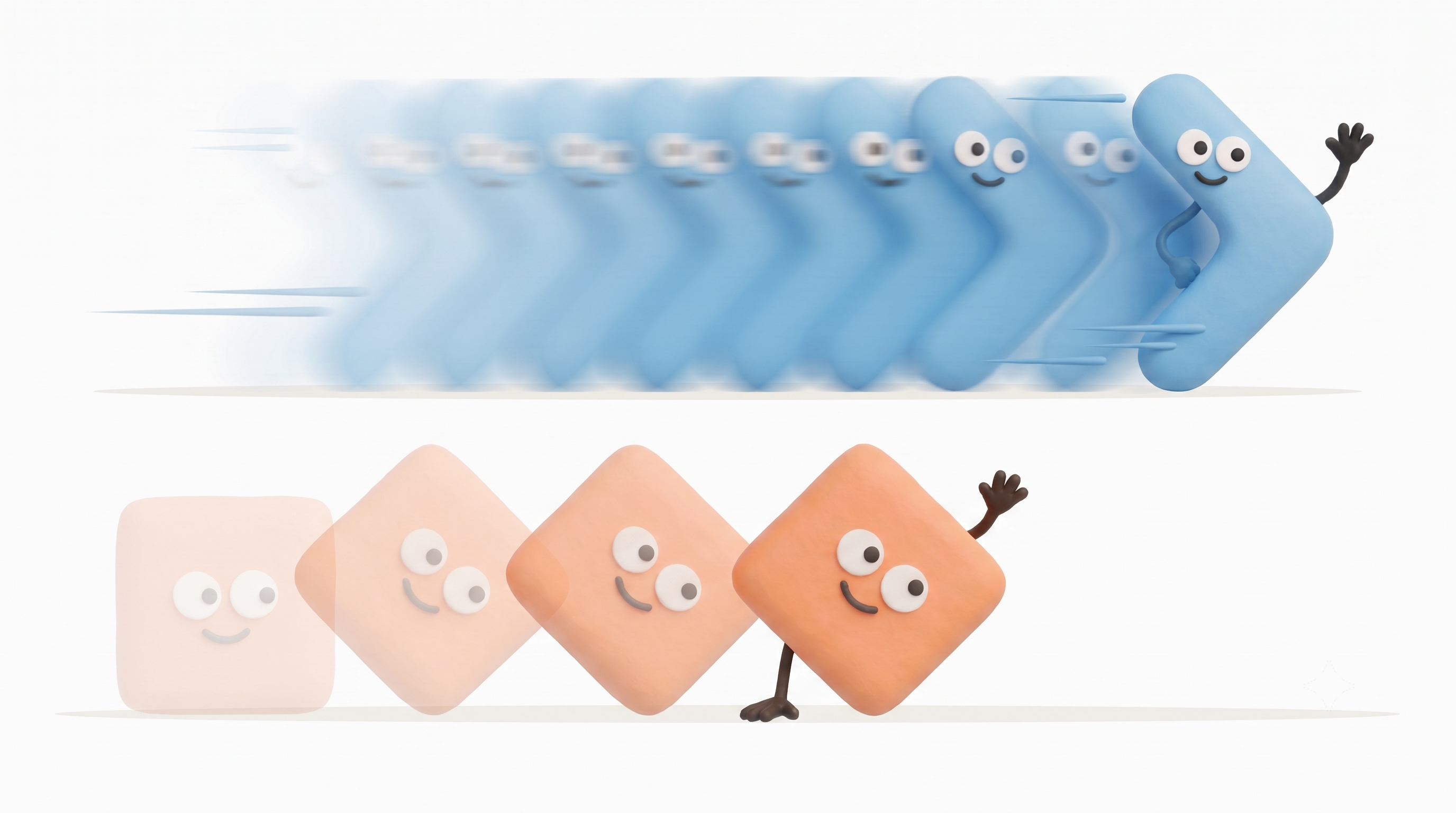 Batch tumbling through discrete positions while stream races ahead on a straight path